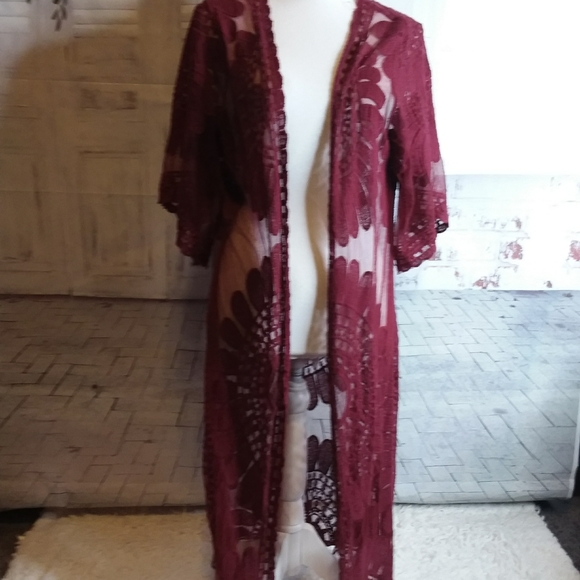 Rebellion again burgundy BOHO floral lace cardigan duster size S - Picture 1 of 7